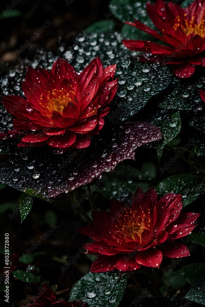 Serene Garden Splendor: Dewy Red Petals Amidst Verdant Foliage Serene Garden Splendor: Dewy Red Petals Amidst Verdant Foliage