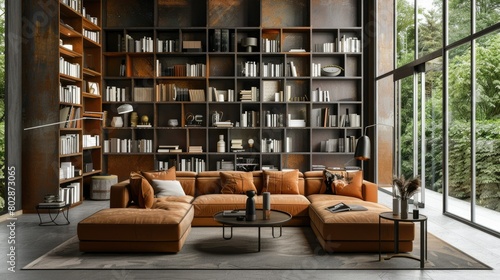 3d rendering loft luxury living room with bookshelf near bookshelf © aaron