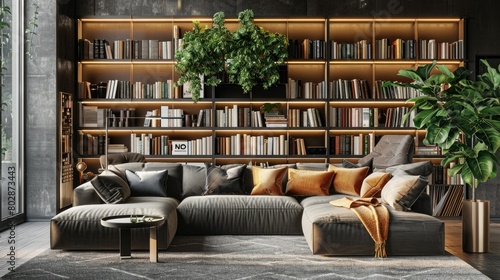 3d rendering loft luxury living room with bookshelf near bookshelf