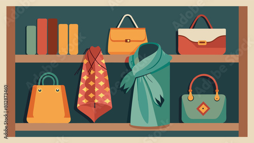 Vintage silk scarves and handbags adorn the shelves carefully chosen and curated to add a touch of oldworld charm to any outfit.. Vector illustration