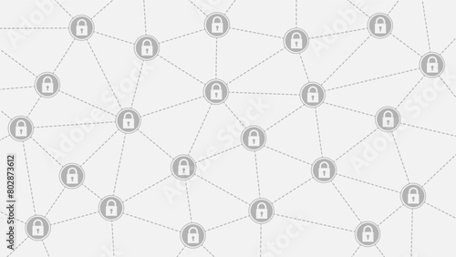 A network of padlock icons connected by dotted lines on a grey background, symbolizing interconnected security systems.