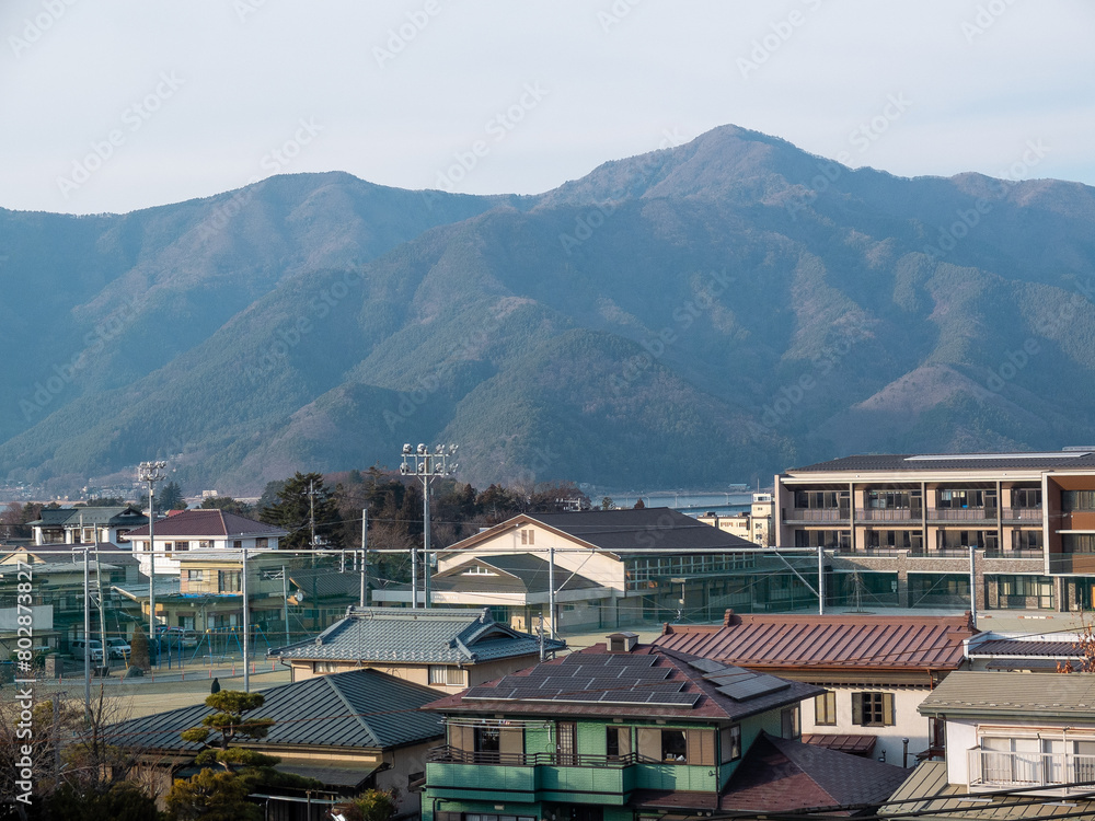 Japanese architecture and mountain scenery