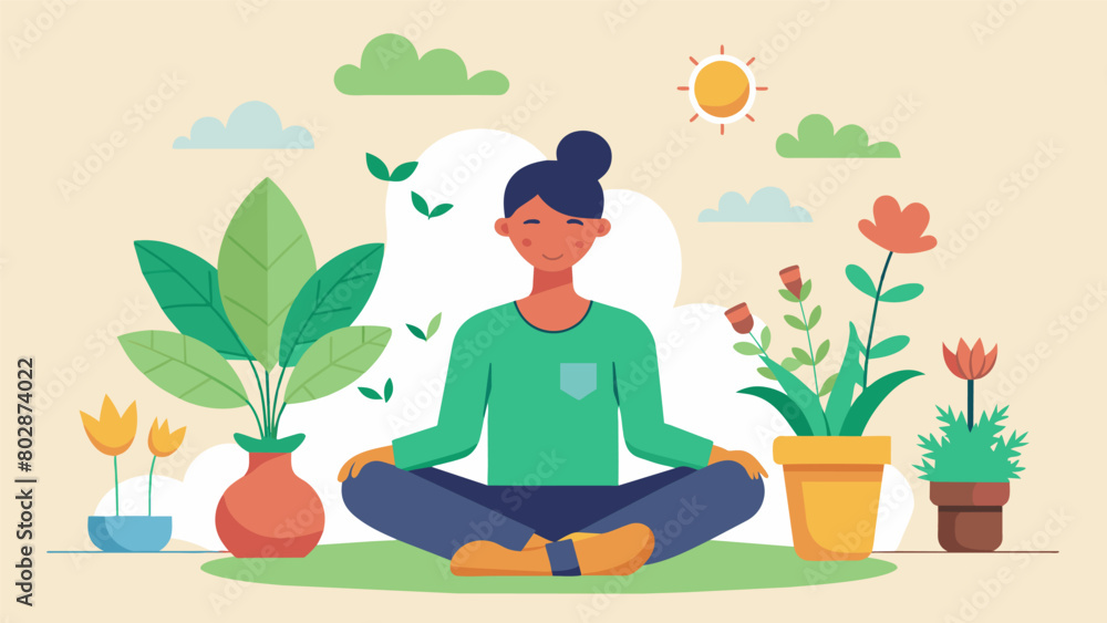A person practicing mindfulness while gardening surrounded by plants herbs and flowers. The image showcases the theutic benefits of spending time in.