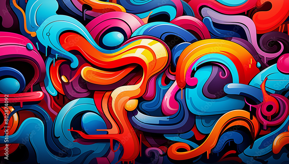 Abstract graffiti background with colorful cartoon characters and numbers in the style of street art. A vivid pattern featuring various shapes, forms, shadows, highlights, and reflections. Abstract graffiti background with colorful cartoon characters and numbers in the style of street art. A vivid pattern featuring various shapes, forms, shadows, highlights, and reflections.