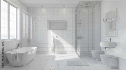 3D rendering of contemporary bathroom with clean white tiles and glass shower