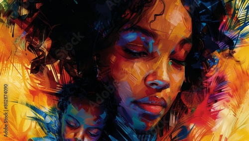 Vibrant Abstract Artwork of African American Mother and Child Embraced in Lush Jungle，maternal love, International Children's Day, love, festival poster