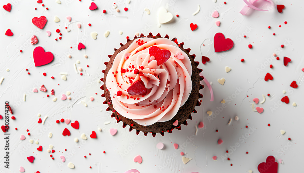 Tasty cupcake for Valentine's Day on white background, top view Tasty cupcake for Valentine's Day on white background, top view
