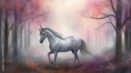 Mystical unicorn illustration, Unicorn in serene forest clearing, Unicorn artwork, Graceful unicorn illustration, Unicorn in enchanted forest, Full body unicorn illustration, Unicorn standing in fores photo