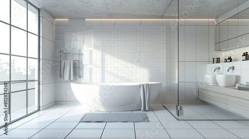 3D rendering of contemporary bathroom with clean white tiles and glass shower