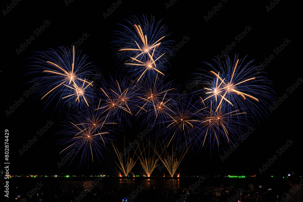 PATTAYA, CHONBURI, THAILAND, Fireworks at Pattaya bay, Pattaya national Fireworks Festival contest, November of every Year, Beautiful of bright light fireworks Show in middle sea, for wallpaper 