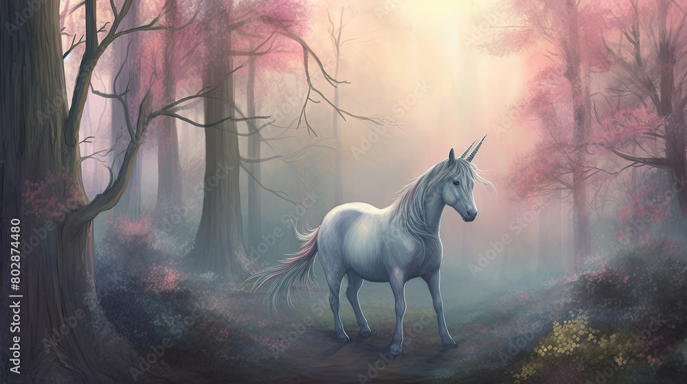 Mystical unicorn illustration, Unicorn in serene forest clearing, Unicorn artwork, Graceful unicorn illustration, Unicorn in enchanted forest, Full body unicorn illustration, Unicorn standing in fores