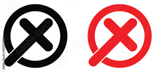 red and black cross x vector icon. no wrong symbol. delete, vote sign. isolated on white bg