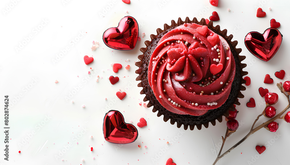 Tasty cupcake for Valentine's Day on white background, top view Tasty cupcake for Valentine's Day on white background, top view