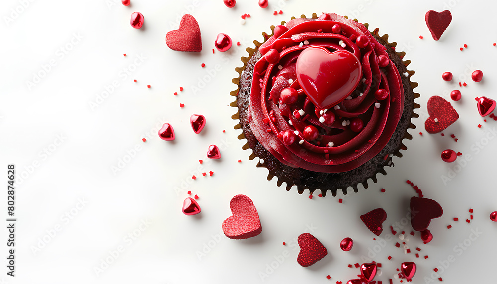Tasty cupcake for Valentine's Day on white background, top view Tasty cupcake for Valentine's Day on white background, top view
