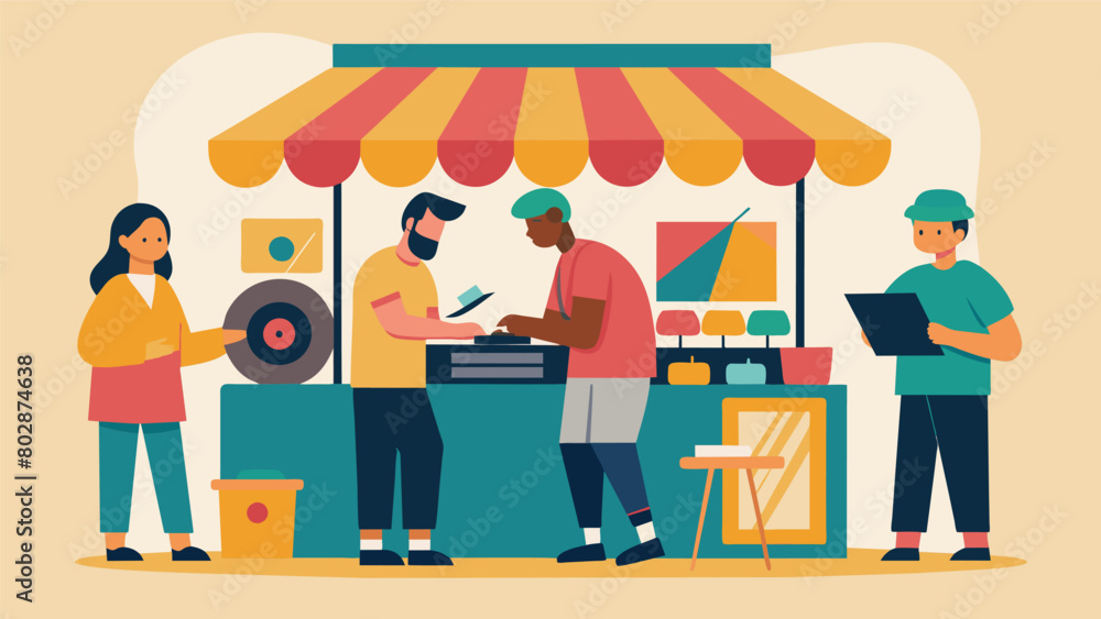 At one booth a vendor offers a special discount for those who bring in their own vinyl records to sell creating a friendly and interactive atmosphere Vector illustration