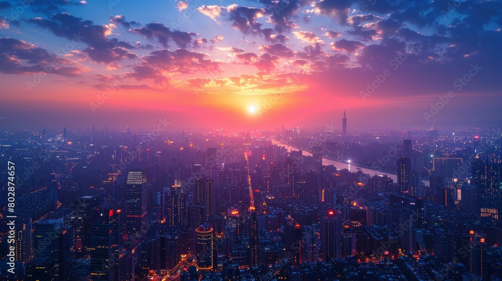 Fototapeta premium night city landscape with lights on and sunset