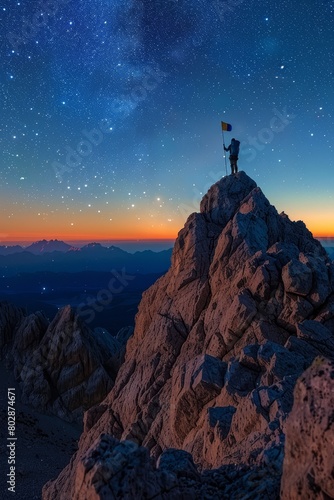 Adventurer at Mountain Summit During Twilight