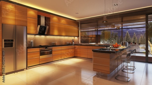 3D rendering of contemporary kitchen with sleek wooden cabinets and modern appliances