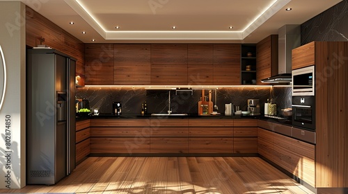 3D rendering of contemporary kitchen with sleek wooden cabinets and modern appliances