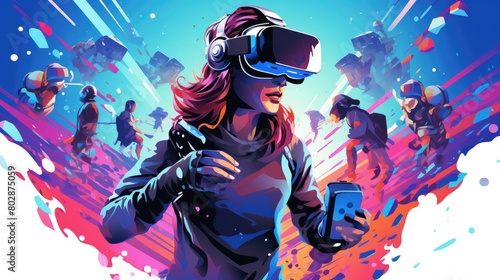 Virtual reality gaming enthusiasts cartoon illustration - Generative AI. Virtual, reality, glasses, man, woman. photo