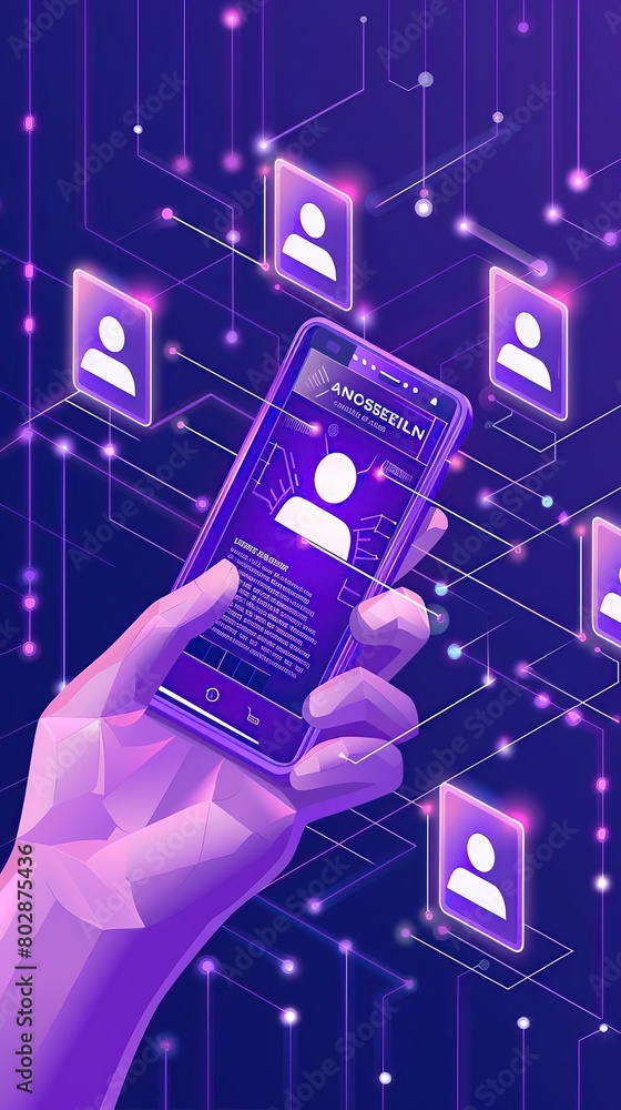 A hand holding a smartphone with a glowing screen. The background is a dark blue with purple and pink accents.