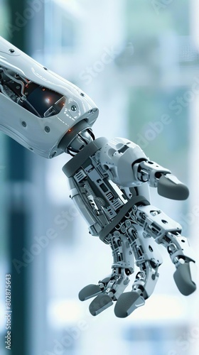 A close up of a robotic hand with a white and grey color scheme. The hand is reaching out towards the viewer.
