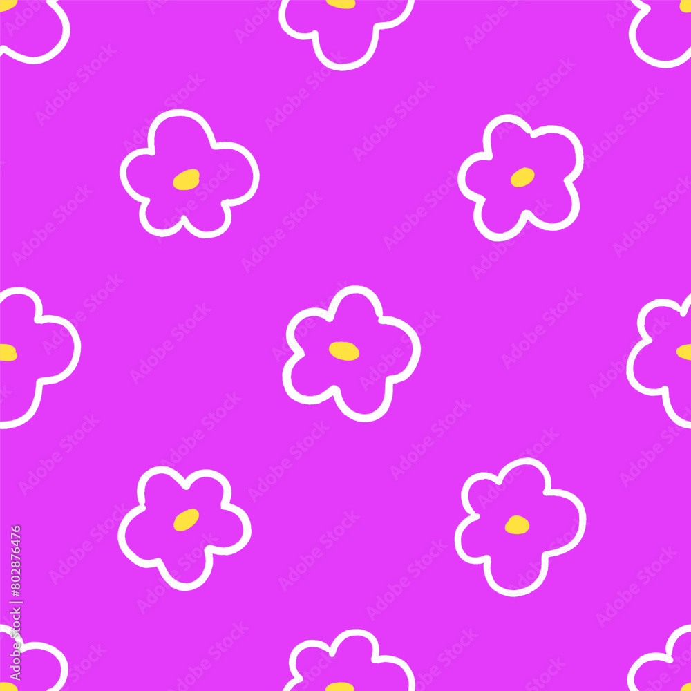 Floral pattern, seamless print. Summer flower background, texture design in naive doodle style. Hand-drawn endless repeating kids backdrop for fabric, wallpaper. Colored flat vector illustration