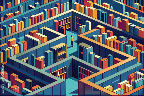 Man navigating through maze of bookshelves, vector cartoon illustration. This conceptual art showcases person in library labyrinth, symbolizing search for knowledge or decision-making.