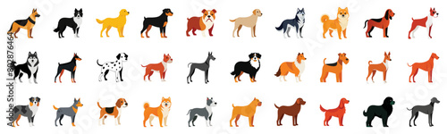 Collection of Dog Breeds Icons, vector cartoon illustration. Diverse dogs - German Shepherd, Golden Retriever, Labrador, Bulldog, Boxer, Dalmatian, Rottweiler, Husky, Beagle.