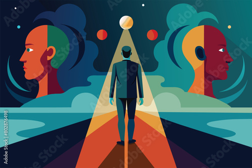 Man between two profile faces with celestial elements, vector cartoon illustration. Abstract depiction of person making choice or experiencing dichotomy, set against night sky backdrop.