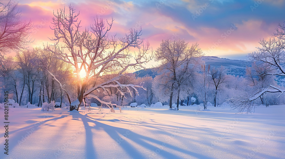 A beautiful winter landscape with trees covered in snow, and the sky painted by colorful pastel hues of sunrise. The sun rises over distant hills, casting long shadows on the snowy ground below. A beautiful winter landscape with trees covered in snow, and the sky painted by colorful pastel hues of sunrise. The sun rises over distant hills, casting long shadows on the snowy ground below.