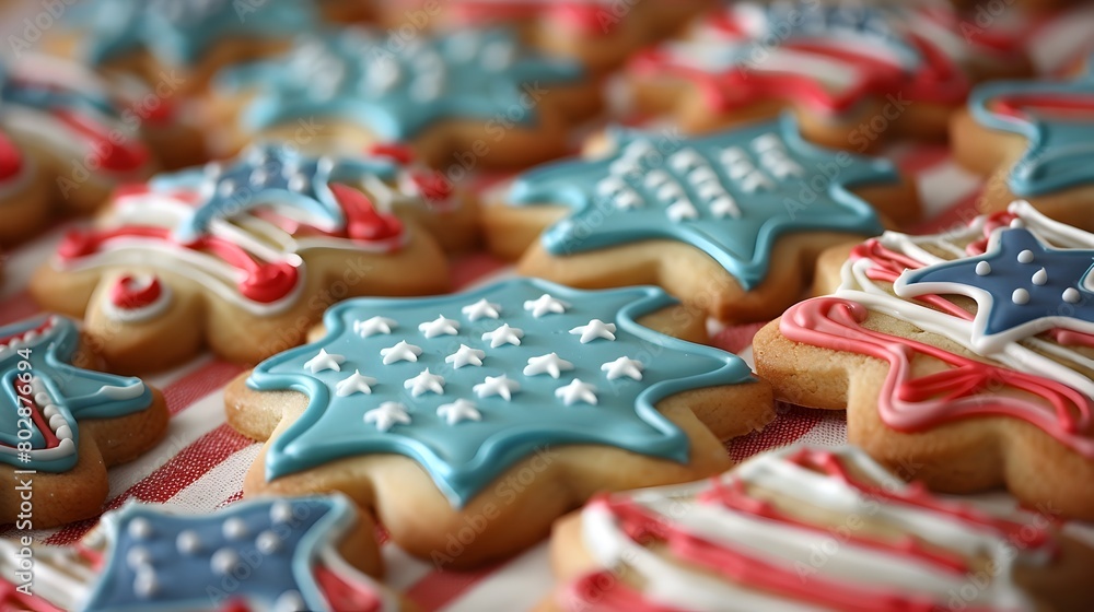 Fototapeta premium Homemade Star Shaped Christmas Cookies with American Flag Icing and Sprinkles on Festive Background