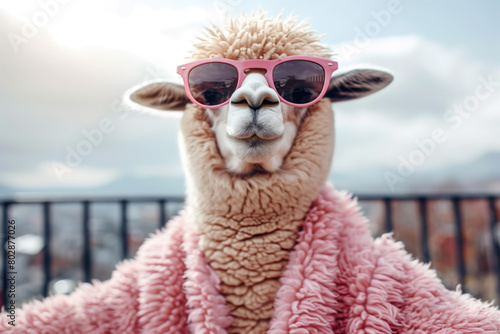 Cool llama in pink sunglasses and fluffy robe enjoying mountain view.