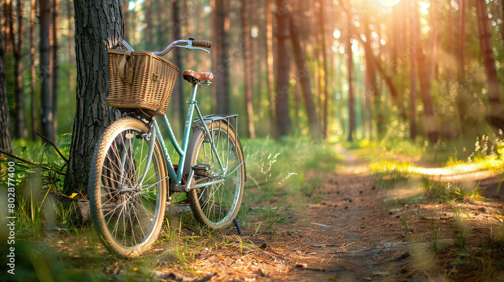 bicycle with basket standing in summer forest
