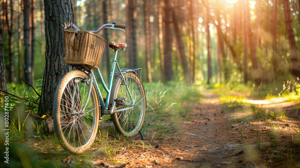 Fototapeta premium bicycle with basket standing in summer forest