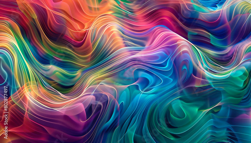 A colorful, abstract painting with a wave-like pattern.
