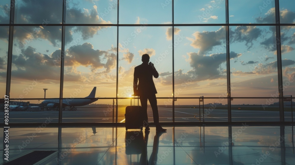Silhouette of a businessman with a suitcase talking on his cell phone at the airport during sunset Silhouette of a businessman with a suitcase talking on his cell phone at the airport during sunset