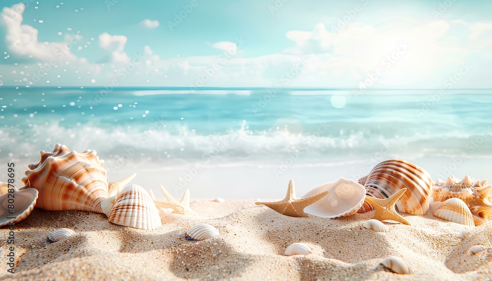 Sand, Summer beach and shells and sandals with blurred blue sea and sky,mockup style, summer vacation background concept