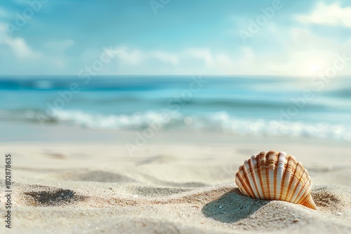 Sand, Summer beach and shells and sandals with blurred blue sea and sky,mockup style, summer vacation background concept