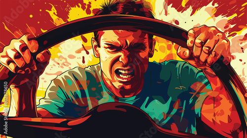 Angry young man with steering wheel on color background