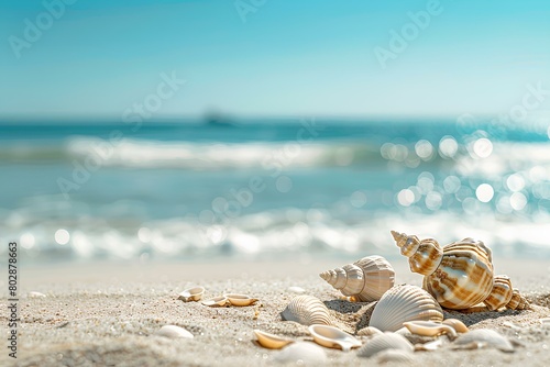 Sand, Summer beach and shells and sandals with blurred blue sea and sky,mockup style, summer vacation background concept