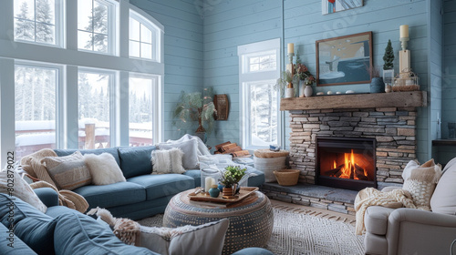 Comfortable cottage living area with light blue walls, a cozy fireplace, and plush seating.