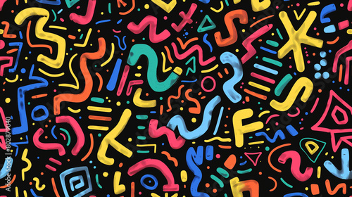 A pattern of colorful maze-like shapes  interconnected by white lines and surrounded by a black background. abstract background  wallpaper  poster