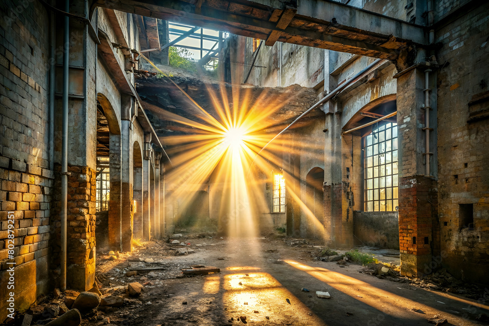 Close-up of a Sunbeam Breaking Through an Abandoned Factory Close-up of a Sunbeam Breaking Through an Abandoned Factory