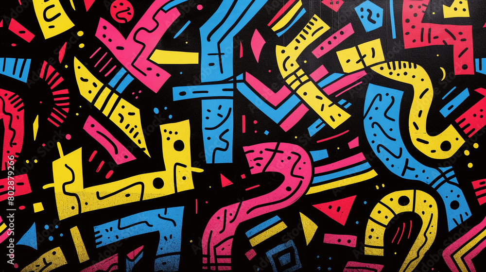 graffiti on the wall. A pattern of colorful maze-like shapes, interconnected by white lines and surrounded by a black background. abstract background, wallpaper, poster