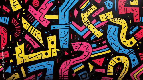 graffiti on the wall. A pattern of colorful maze-like shapes  interconnected by white lines and surrounded by a black background. abstract background  wallpaper  poster