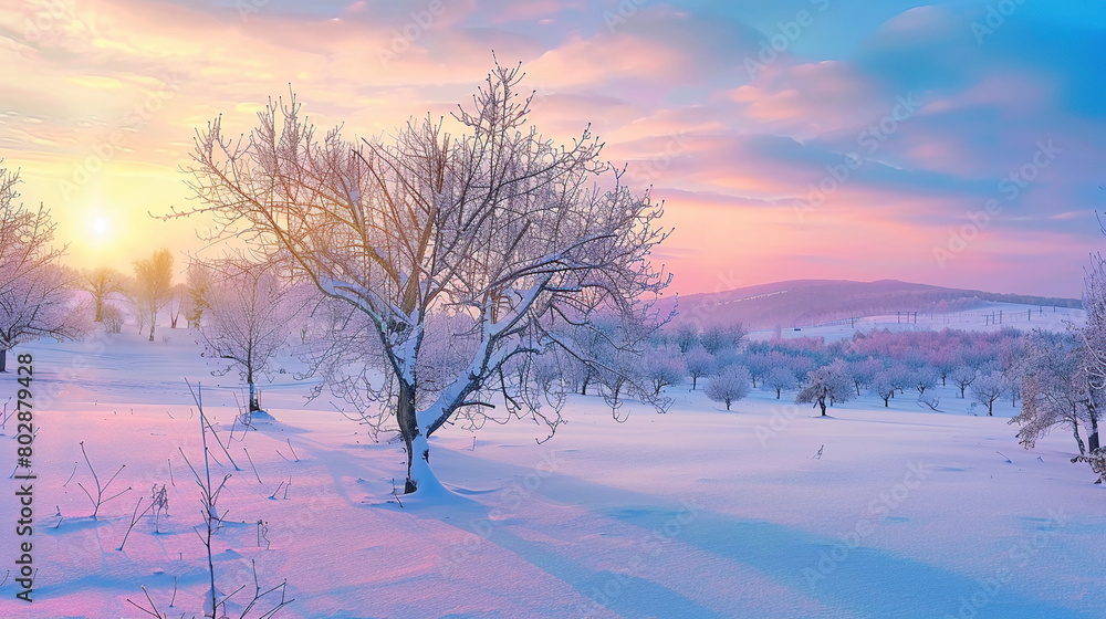 A beautiful winter landscape with trees covered in snow, and the sky painted by colorful pastel hues of sunrise. The sun rises over distant hills, casting long shadows on the snowy ground below. A beautiful winter landscape with trees covered in snow, and the sky painted by colorful pastel hues of sunrise. The sun rises over distant hills, casting long shadows on the snowy ground below.