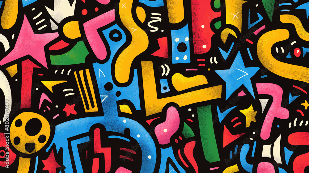 graffiti on wall, A pattern of colorful maze-like shapes, interconnected by white lines and surrounded by a black background. abstract background, wallpaper, poster