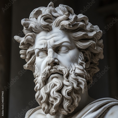 Dramatic stone sculpture of an ancient greek god