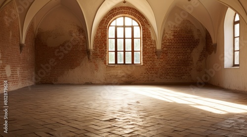 Abandoned room with arched windows and brick walls